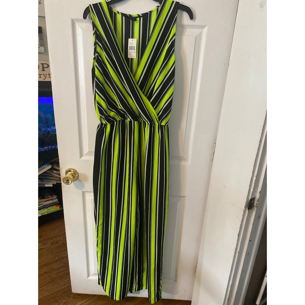 Toxik3 Womens Jumpsuit XL Neon Yellow Black White Striped V-Neck Wide Leg NWT
